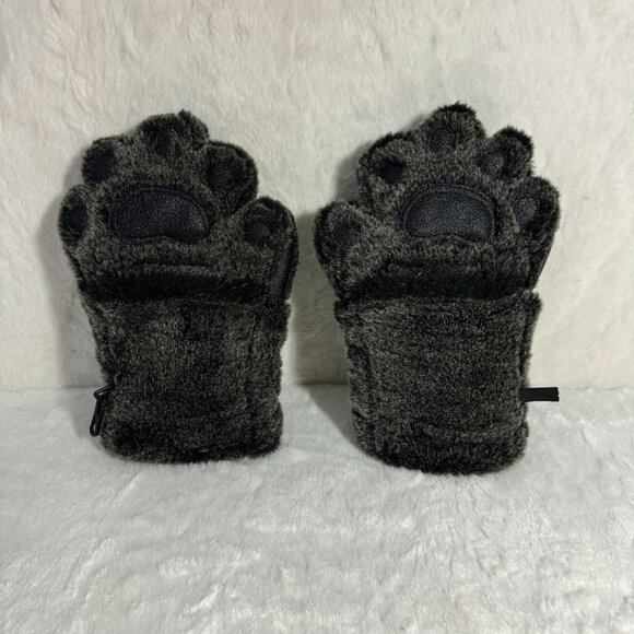 Bear Hands Fuzzy Paw Mittens W/ Non-Slip Grip & Thinsulate Lining Black Faux Fur - Picture 1 of 8